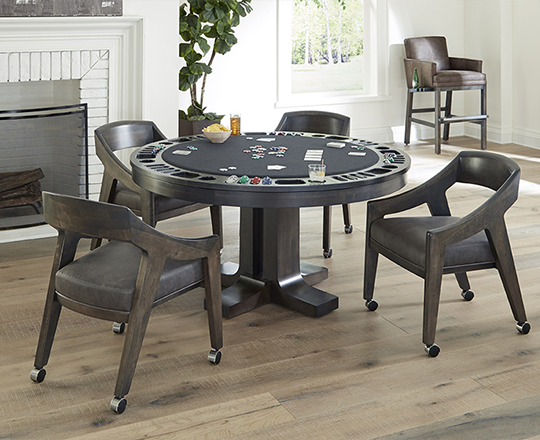 Grey poker table in basement 